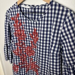 Mac Dougal‎ & Houston Lightweight Gingham Blouse Navy Embroidered Bell Sleeves M